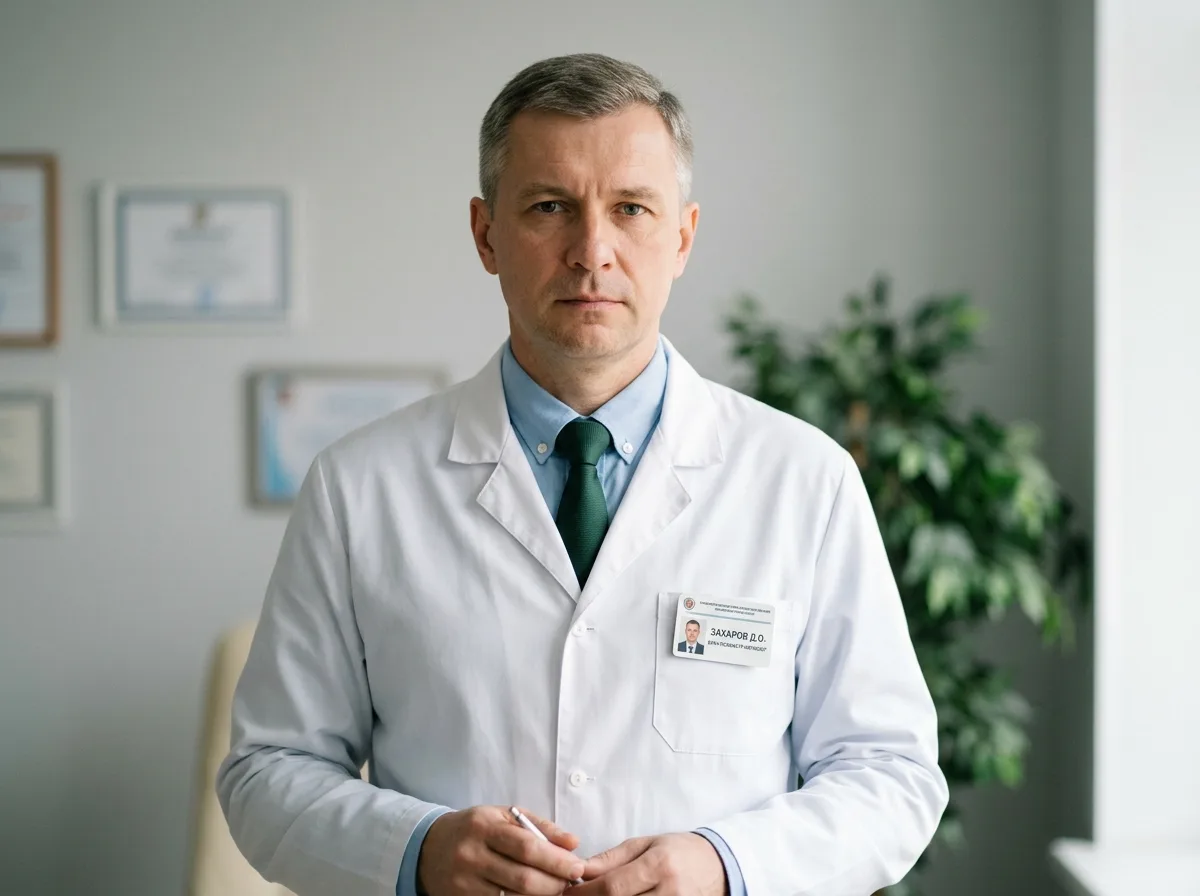 Портрет врача-психиатра-нарколога Захарова Дмитрия Олеговича в медицинском халате, строгий профессиональный вид, нейтральный фон